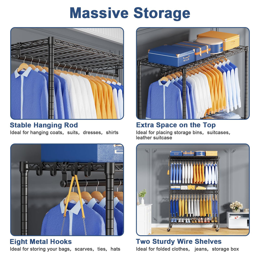 P8 Pro Heavy Duty Clothes Rack(With Extended Width Design) Rolling Clothing Racks for Hanging Clothes, Portable