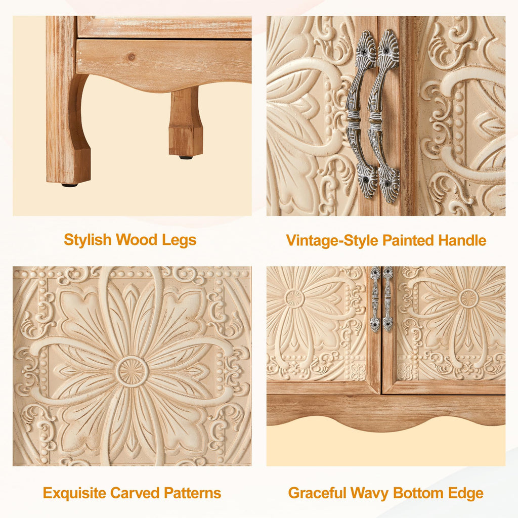 Sideboard Buffet Kitchen Storage Cabinet, Solid Wood Credenza Accent Cabinet, Cupboard Console Table with 2 Craved