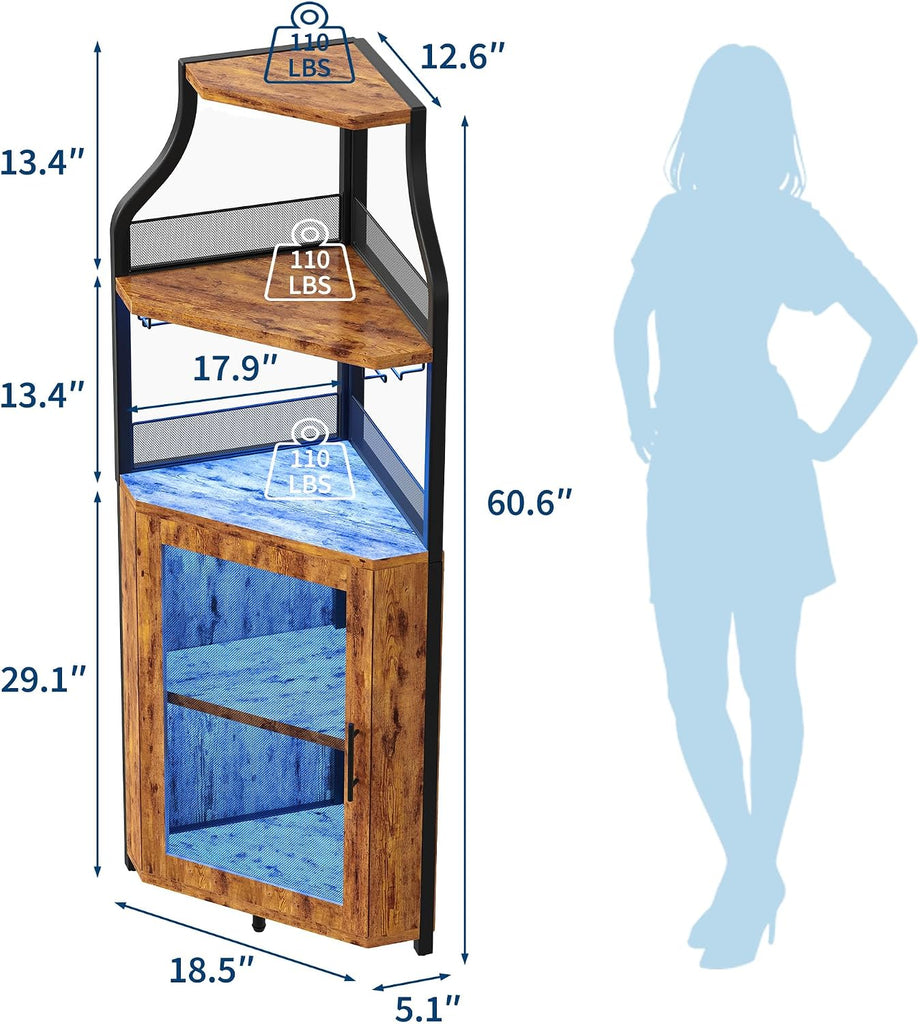 Corner Bar Wine Cabinet with LED Lights, 5-Tier Industrial Wine Cabinet with Glass Holder, Modern Liquor Cabinet with