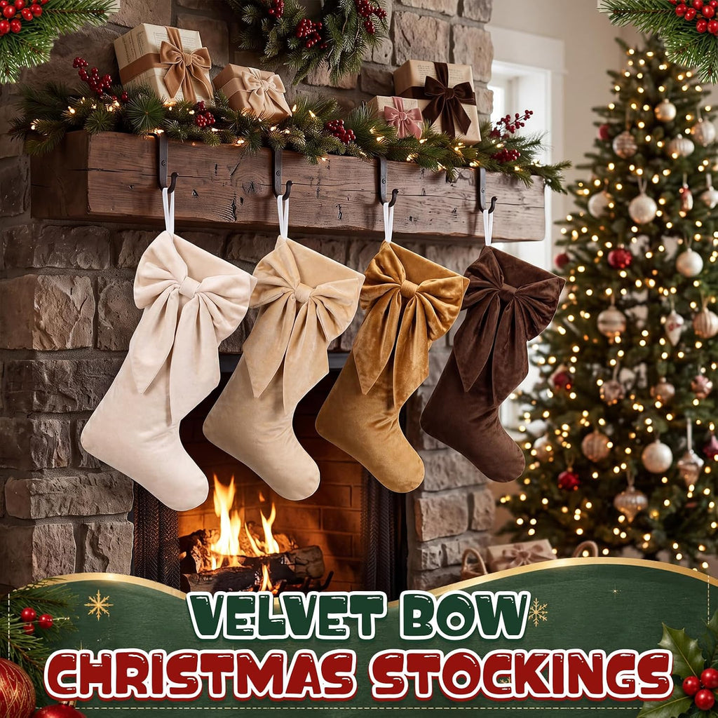 4 Pack Brown Series Velvet Christmas Bow Stockings 18" Coquette