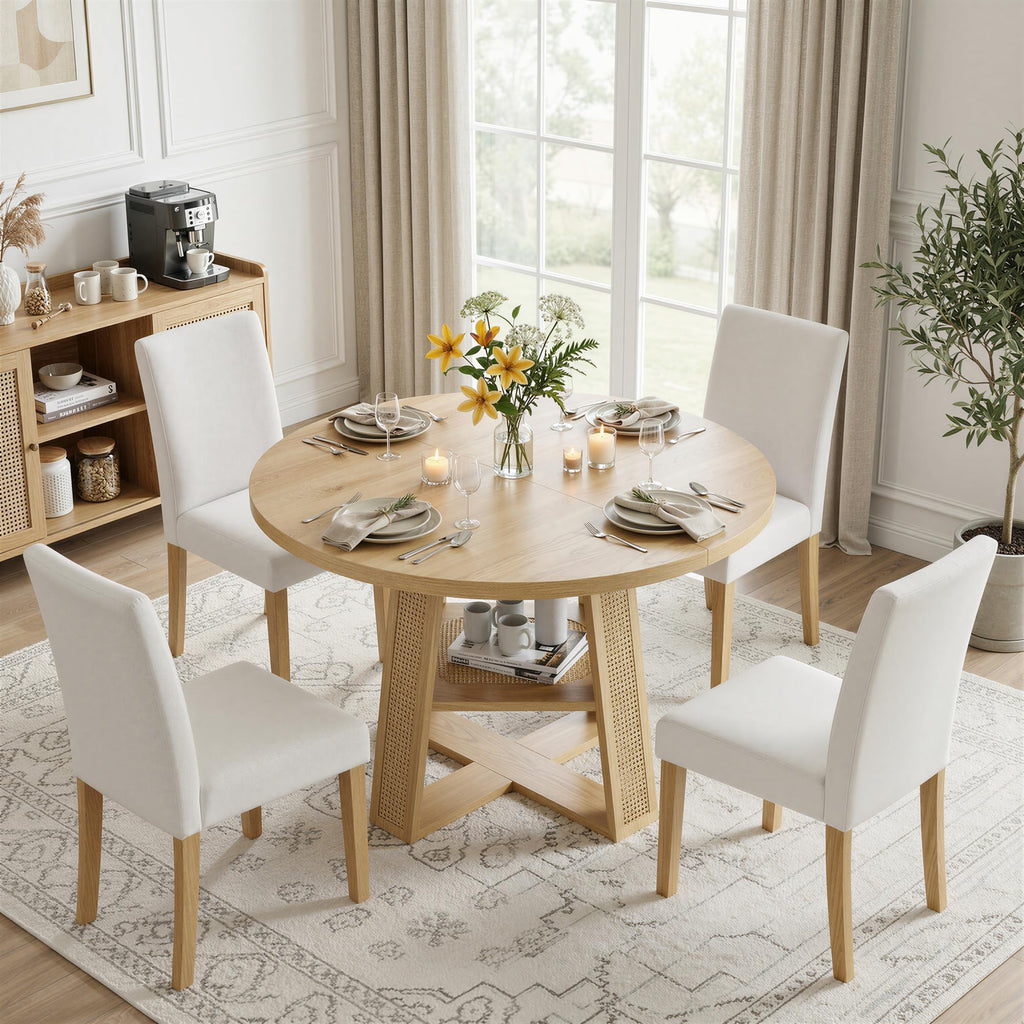 Dining Table, 43"-59" Extendable Round Table with Storage, Natural