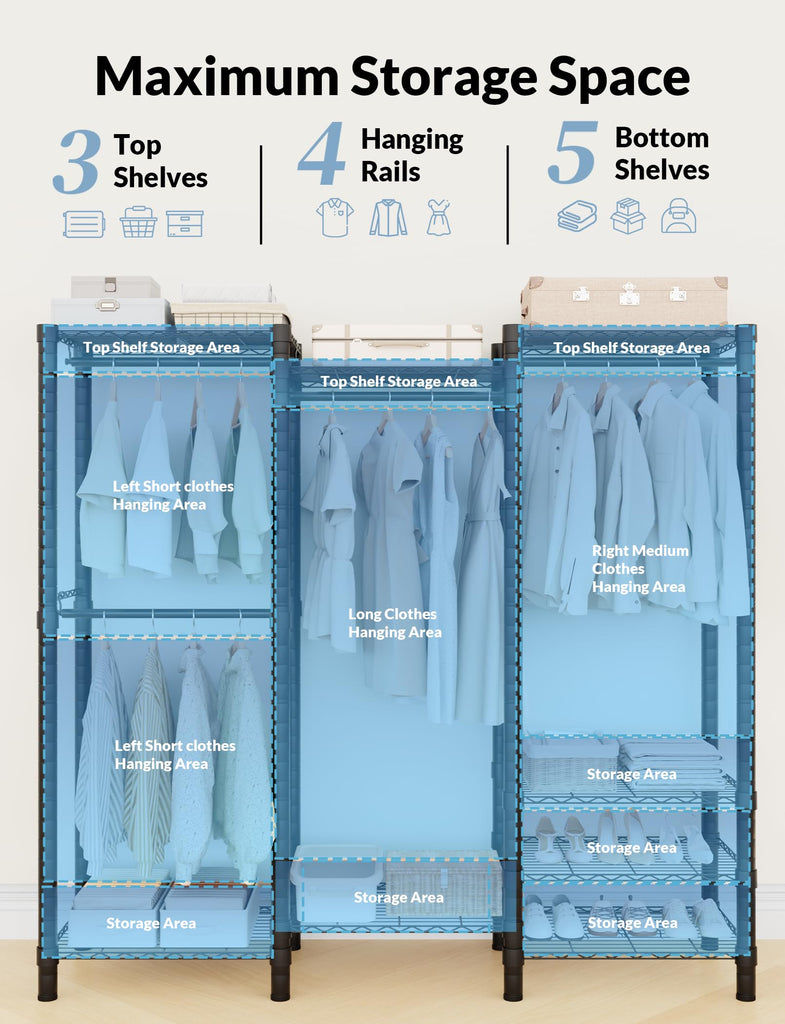 Heavy Duty Clothes Rack, Metal Garment Rack with 8 Shelves & 4 Rods