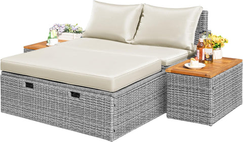 Outdoor Rattan Daybed with 2 Side Tables, Multifunctional Wicker Patio Sofa with Storage Ottoman, Cushions