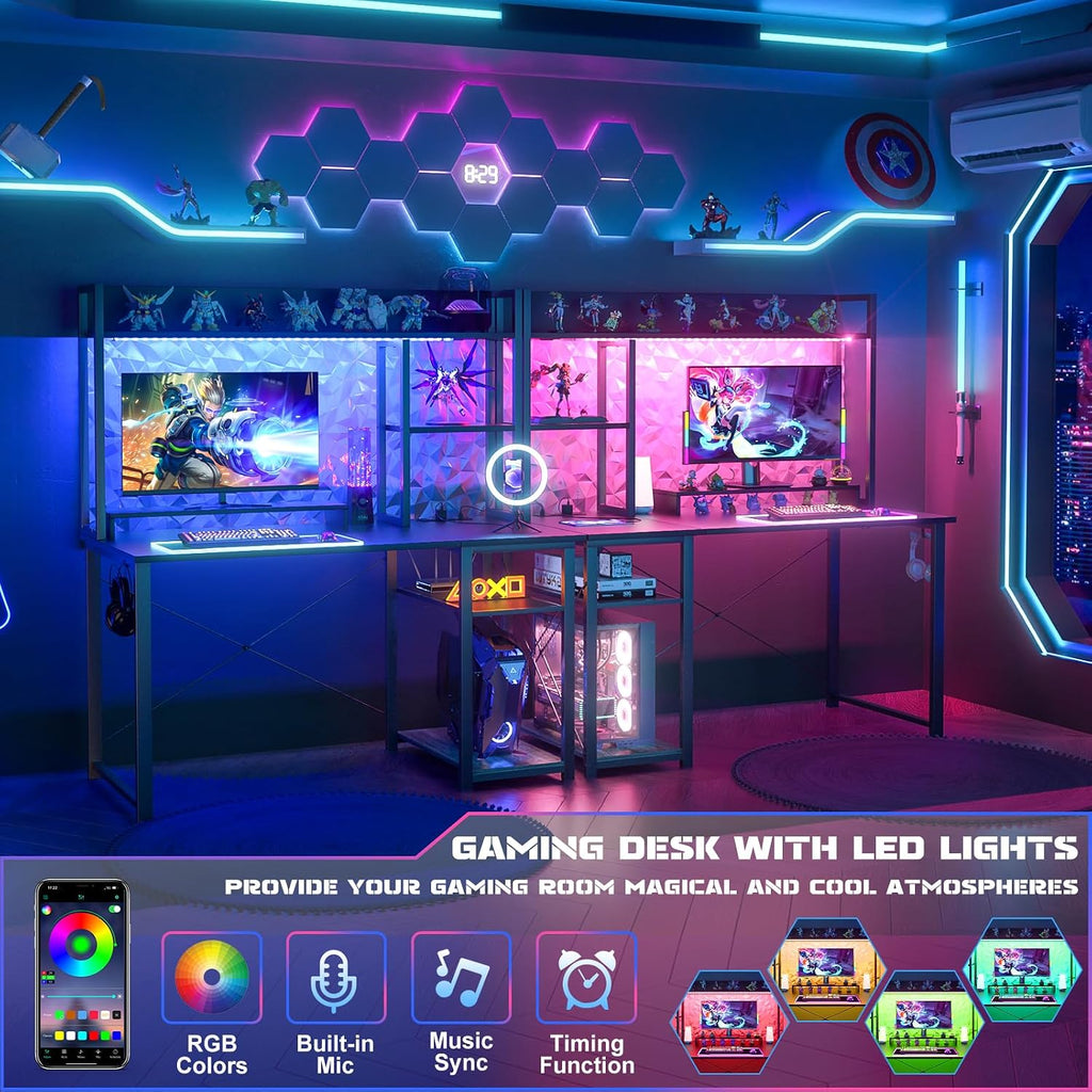 Gaming Desk with Hutch, 39'' Computer Desk with LED Lights & Power Outlets, Home Office Desk with Reversible 5 Tiers