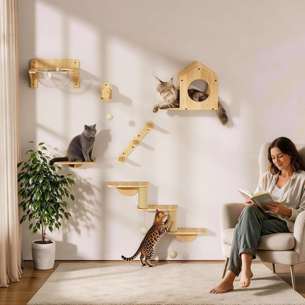 Cat Wall Shelves, Wood Cat Wall Furniture Set for Indoor Cats, Space Saving Wall Mounted Design, Cozy Hammock