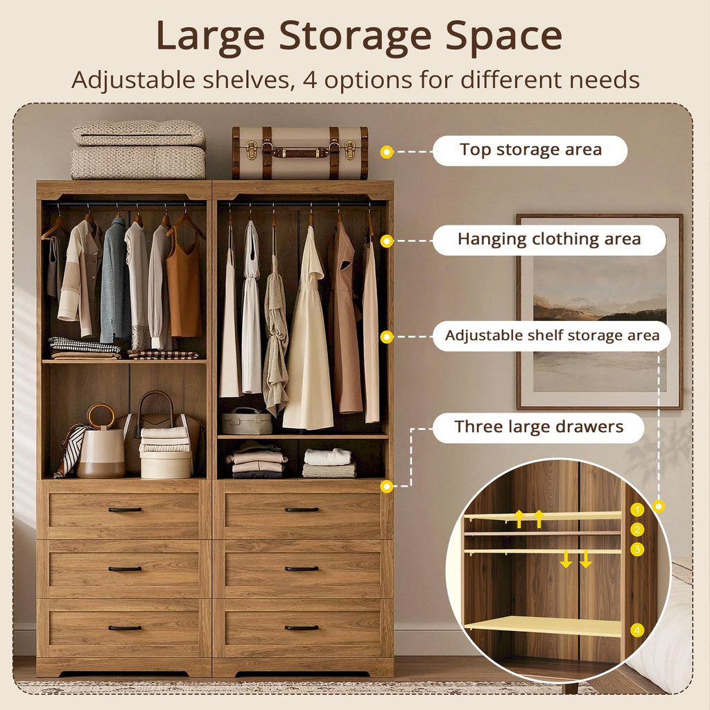 Freestanding Closet System with Adjustable Shelves & 3 Drawers