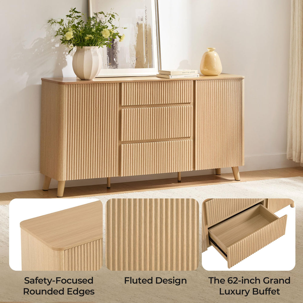 62" Fluted Sideboard Buffet Cabinet with 3 Drawers, Oak