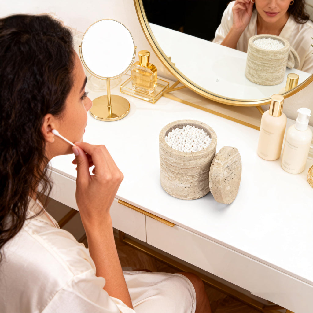 Natural Marble Canister, Cotton Swab Holder with Lid, Marble Toothbrush Holder Qtip Holder Storage for Cotton Swab