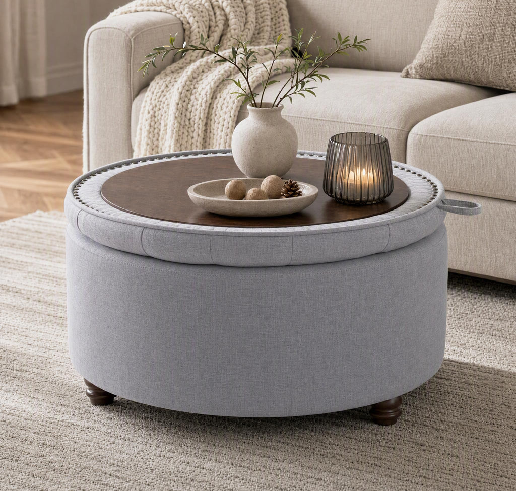 30" Round Storage Ottoman Coffee Table, Tufted Lid & Wood Top, Gray