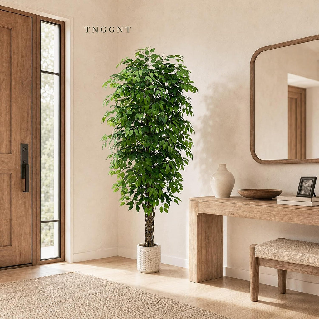 Ficus Tree:6FT Tall Faux Silk Floor Plant (White Planter)