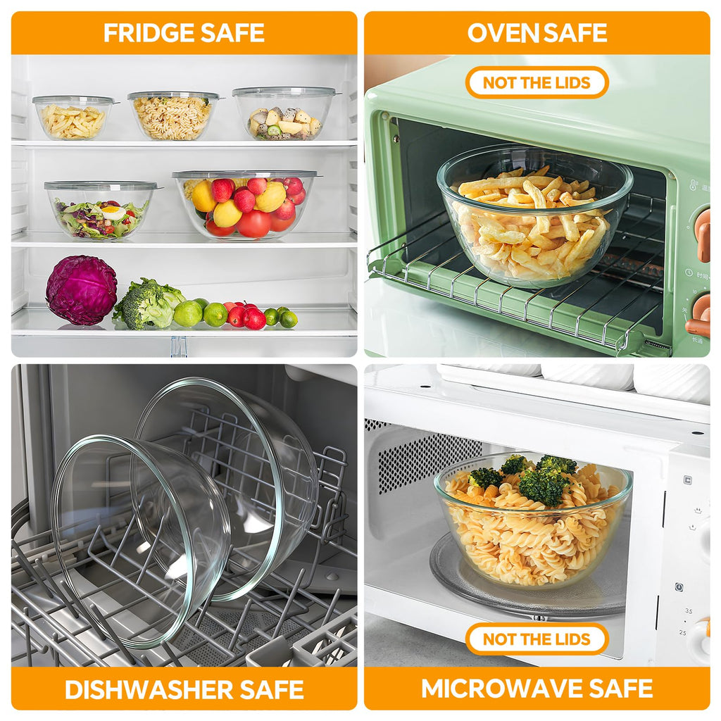 Glass Mixing Bowls with Lids Set of 5(4.78QT,2.2QT,1.7QT,1.1QT,0.85QT),Thick Glass Nesting Bowls Baking,Cooking
