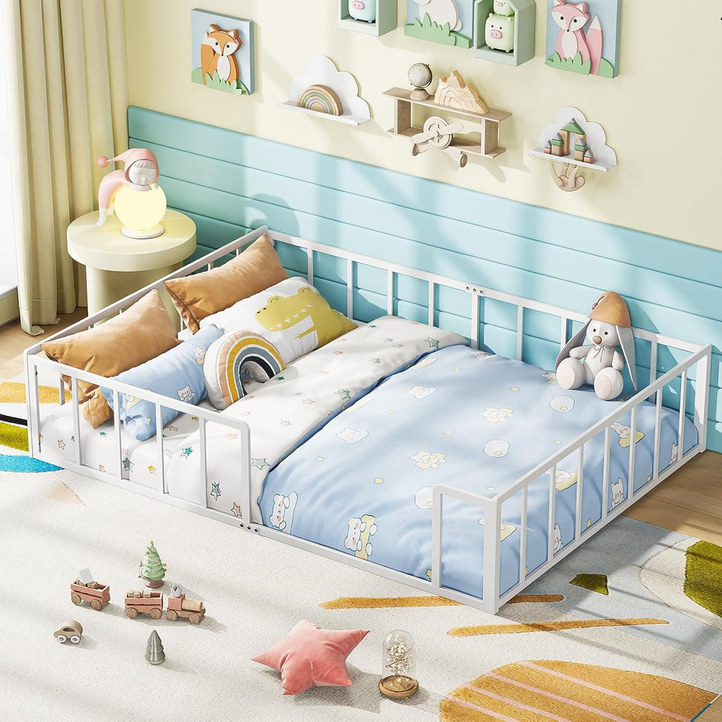 Full Floor Bed for Kids Metal Montessori Bed Frame Playroom Bedroom | Features a slatless, 360° fully enclosed metal