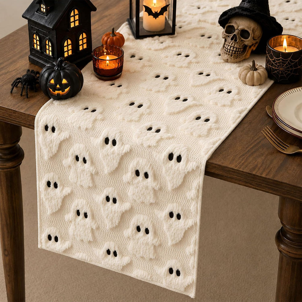 Halloween Table Runner 13x72 Inch Soft Plush Faux Fur Jacquard Beige Ghost Table Runner Holiday Kitchen Dining Table