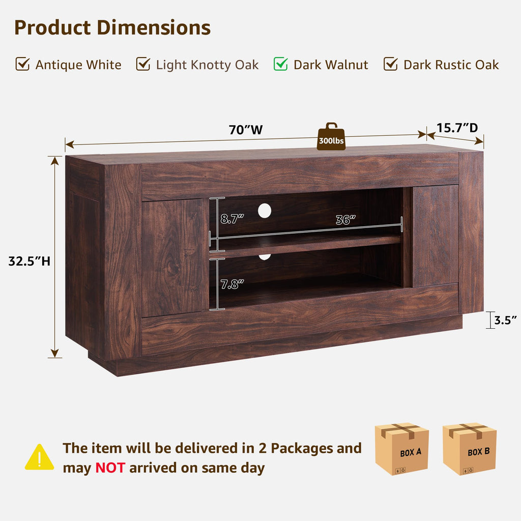 Modern 70" TV Stand for 80" TV, Thick Block Media Console, Dark Walnut