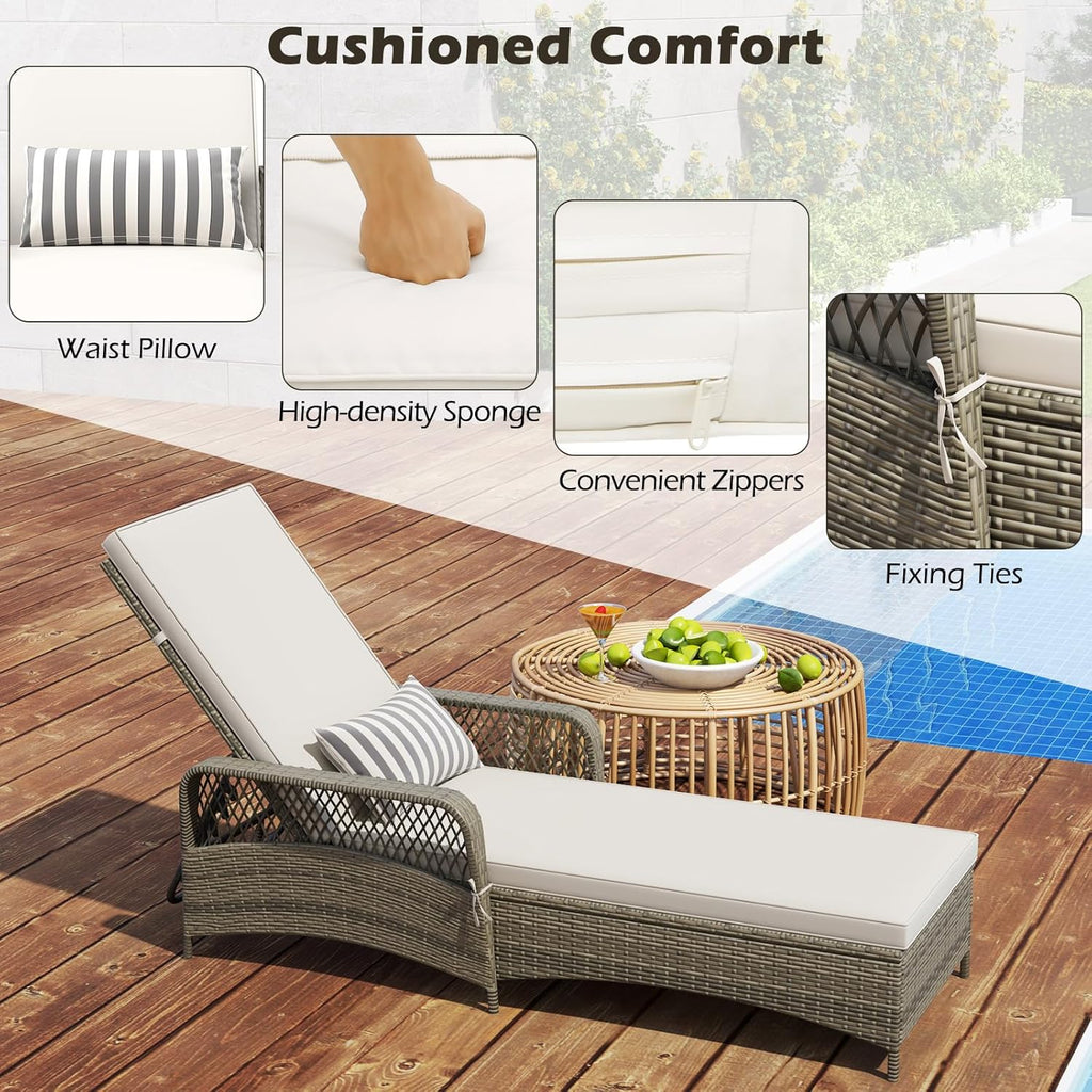 Wicker Chaise Lounge Chair, Patio Rattan Recliner with 6-Position Adjustable Backrest, Soft Cushions