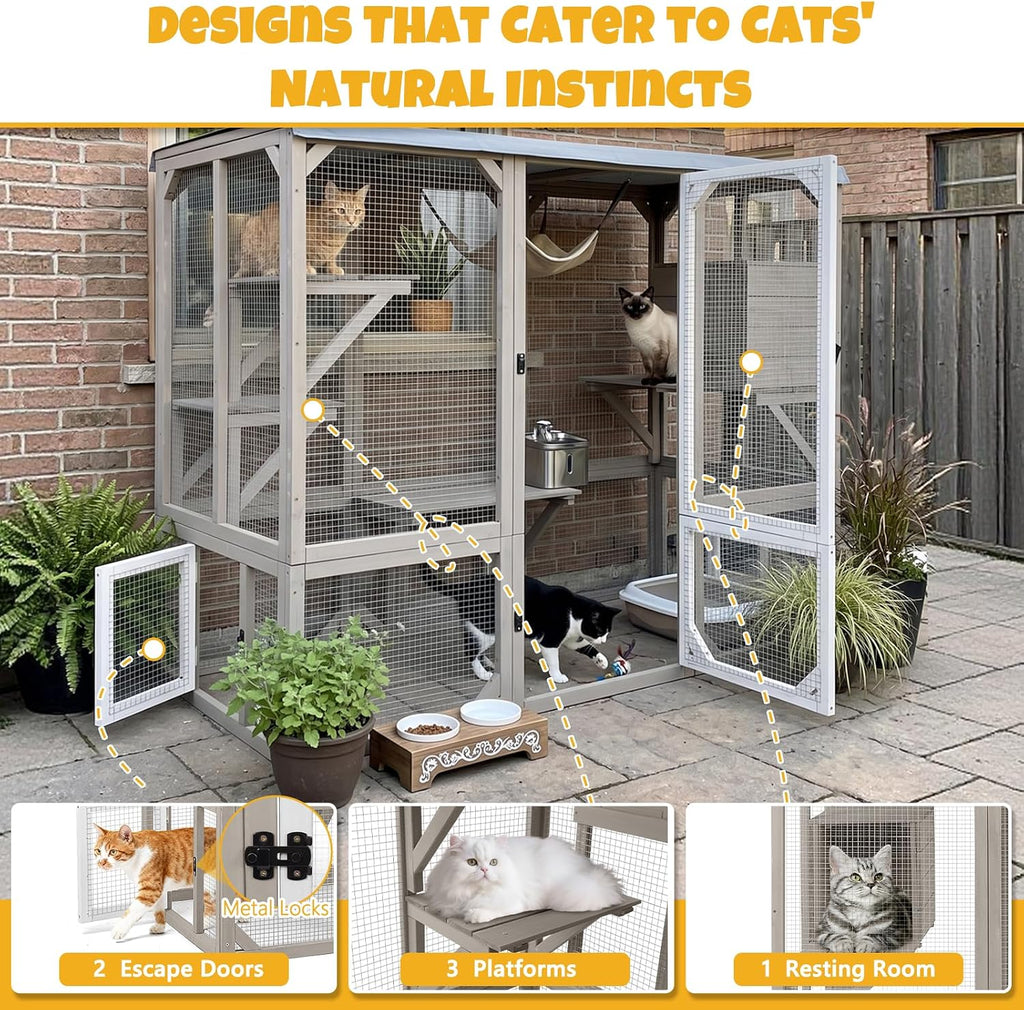 Large Catio Outdoor Cat Enclosure for 1-3 Cats, Multi-Level Wooden