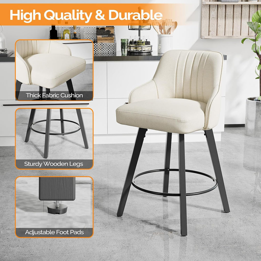 26" H Swivel Barstools Set of 2, Linen Fabric Upholstered Counter Stool with Back, Kitchen High Chairs Counter Height