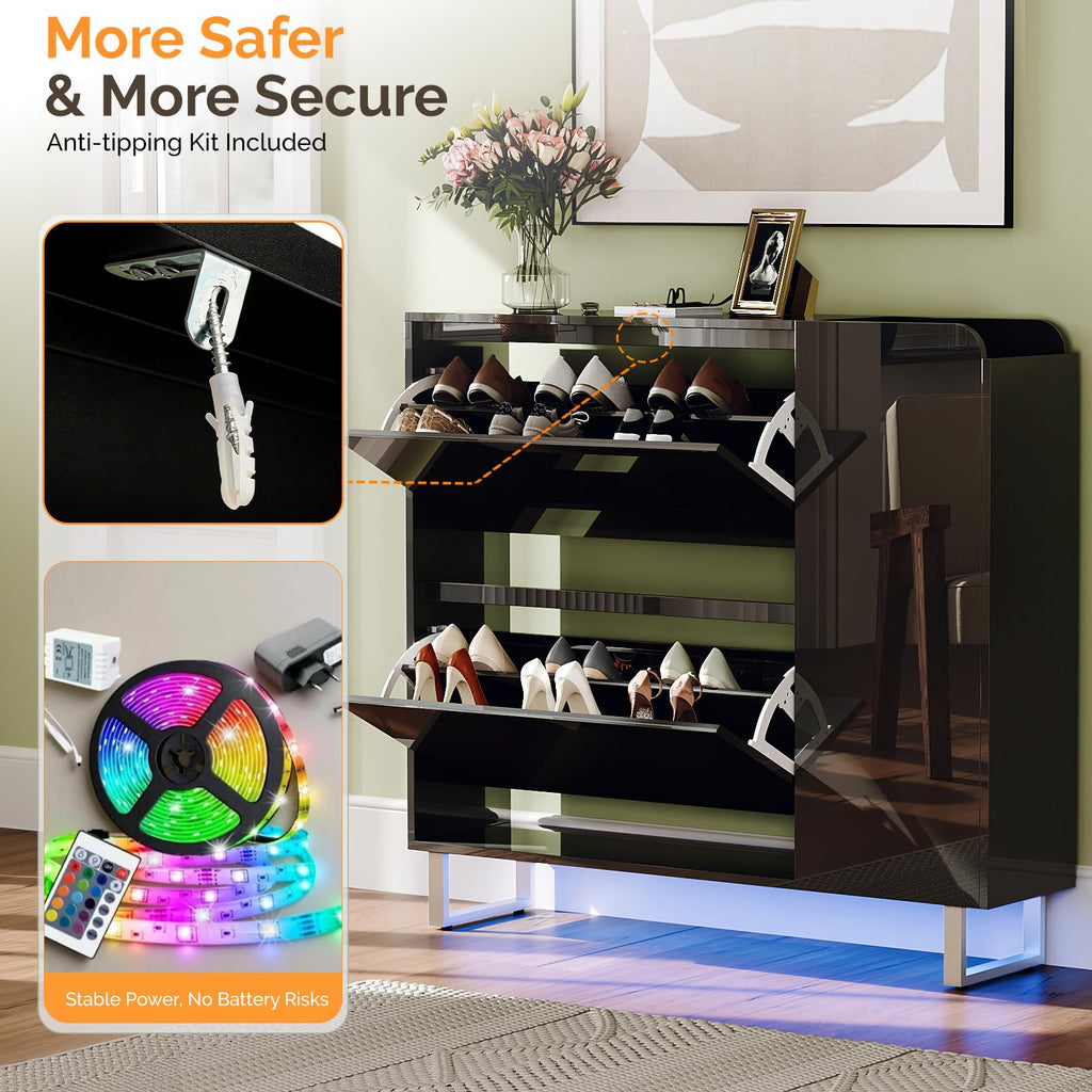 High Gloss Shoe Cabinet, 2 Flip Drawers with LED, Black