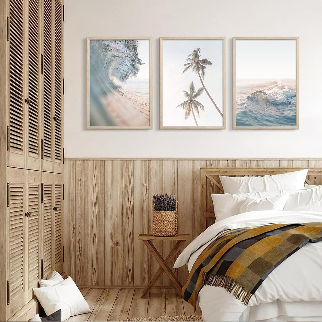 Beach Wall Art Pictures Coastal Canvas Wall Decor Ocean Waves Poster Blue Beach Scene Artwork Palm Tree Art Coastal