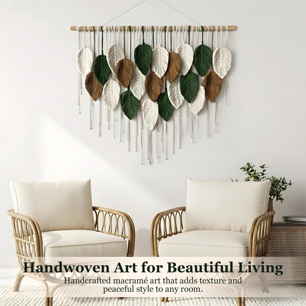 Macrame Wall Hanging Boho Woven Tapestry, 39" x 31.5" Modern Bohemian Leaf Feather Wall Art Decorations Dorm Living