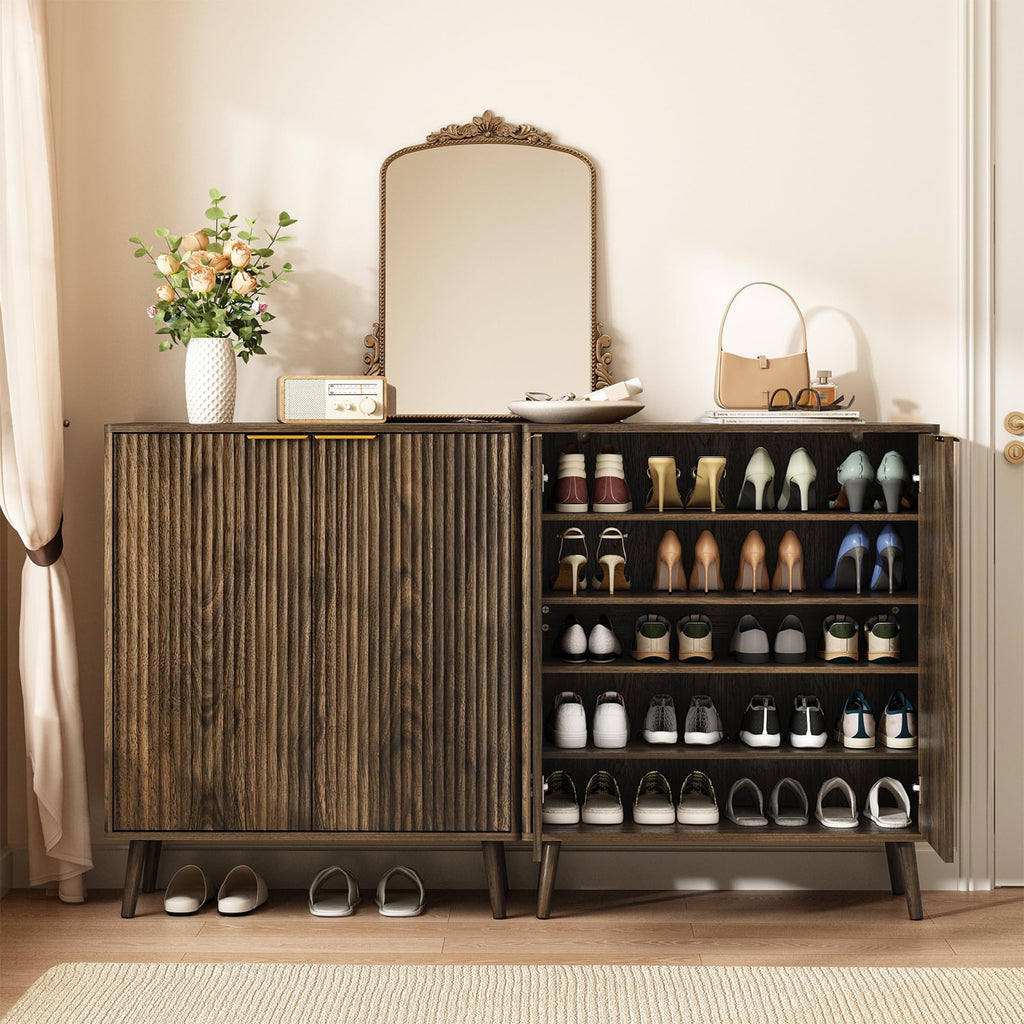 5-Tier Shoe Storage Cabinet with Adjustable Shelves, Walnut丨Fluted Shoe Cabinet with Doors, Wooden Freestanding Shoe