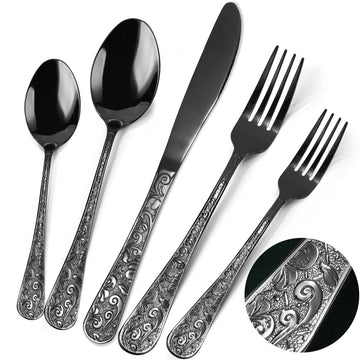 Black Silverware Set, 30 Pieces Vintage Carved Flatware Set for 6, Stainless Steel Cutlery Set with