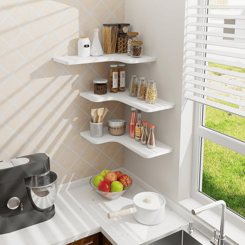 Corner Floating Shelves, Set of 3 Corner Wall Shelves with Wire Hole, L-Shaped Wood Hanging Storage Shelf for Wall