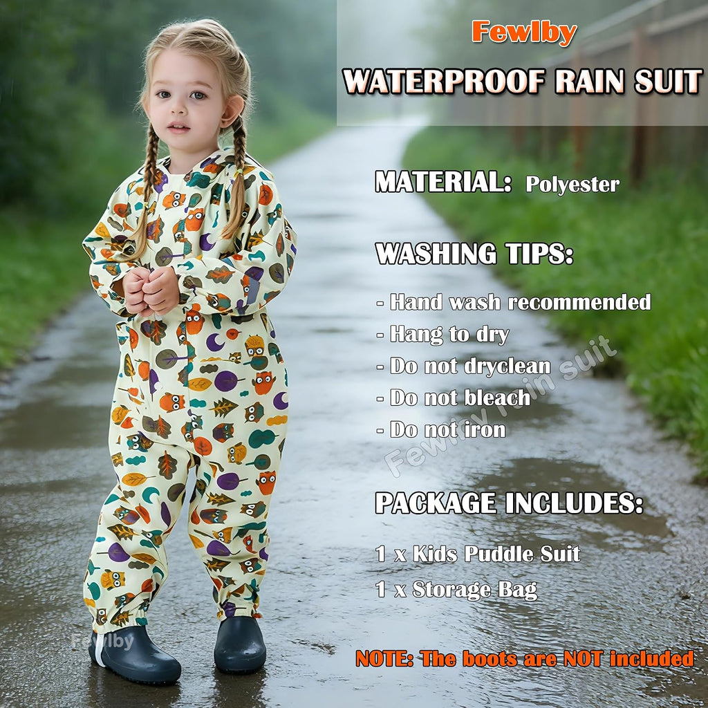 Kids Toddler Rain Suit for Boys Girls One Piece Hoodie Zipper Cartoon Waterproof Coverall Rain Jacket
