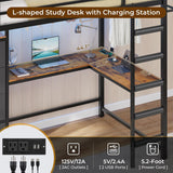 Twin Loft Bed with L-Shaped Desk and 7 Storage Drawers,Metal Twin Loft Bed for Kids with LED Lights and Charging