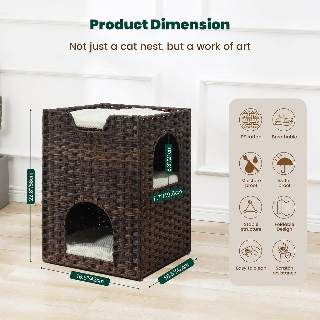 Cat Bed for Indoor Cats, a Stylish Cat Hideaway & Cat House - Handwoven Rattan Cat Cave Bed with Soft Cushion