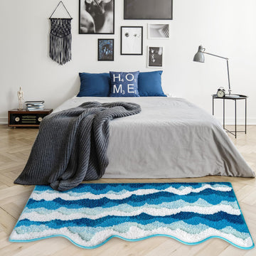 3D Ocean Wave Bedside Rug Beach Bathroom Runner Rug Blue 21x50 Inch