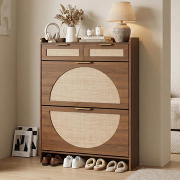 Rattan Shoe Storage Cabinet with 2 Flip Drawers & 2 Drawers, Freestanding Organizer for Front Door Entrance, Hidden