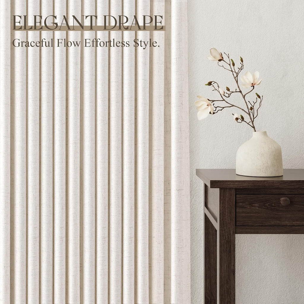 Natural Pleated Thick Linen Curtains 84 Inch Long for Living Room | Ivory Light Filtering Sheer Curtain,Back Tab