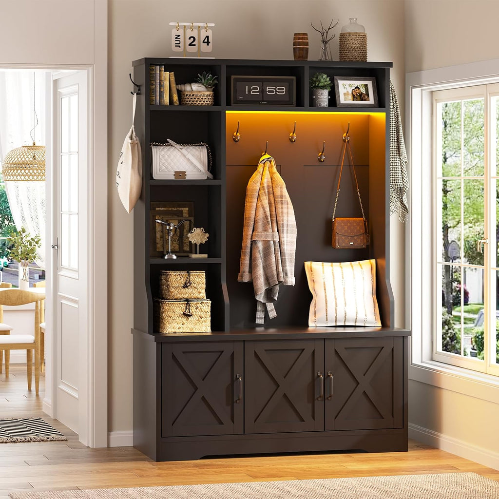 Hall Tree with Bench and Shoe Storage, Farmhouse Entryway Bench with Coat Racks and Led Lights, Black Tall Hall Tree