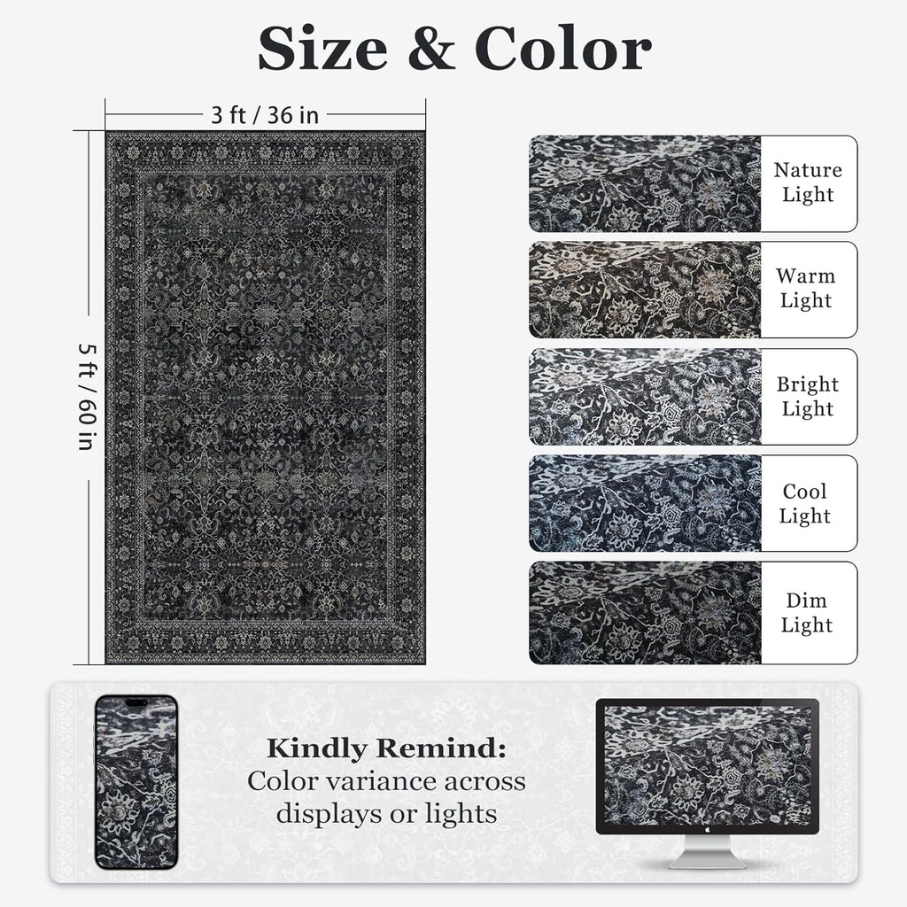 Vintage Dark 3x5 Entryway Rug Indoor Foyer, Earth Tone Farmhouse Throw Rug for Kitchen Bathroom, Mac