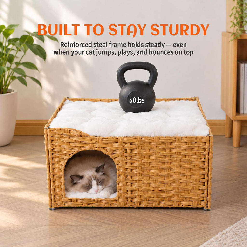 Wide Handwoven PE Rattan Cat House, Large Indoor Cave with Cushion