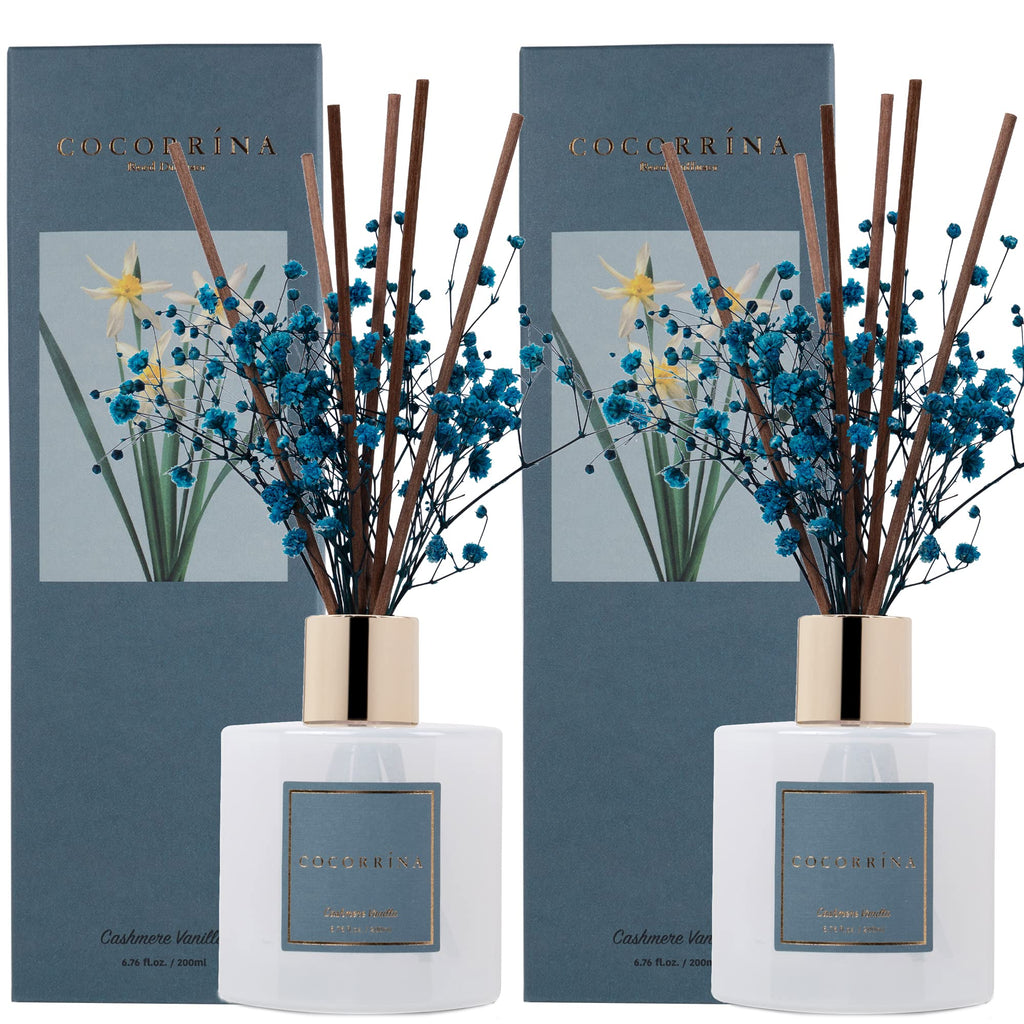 Premium Reed Diffuser Set with Preserved Baby's Breath & Cotton Stick Cashmere Vanilla 2 Packs, 6.7oz Scent Fragrance