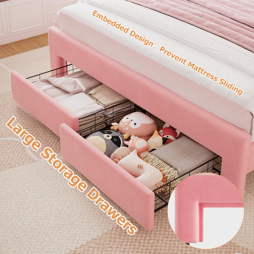 Queen Upholstered LED Bed Frame with 2 Storage Drawers and Adjustable Chic Double Wavy Headboard, Velvet Princess