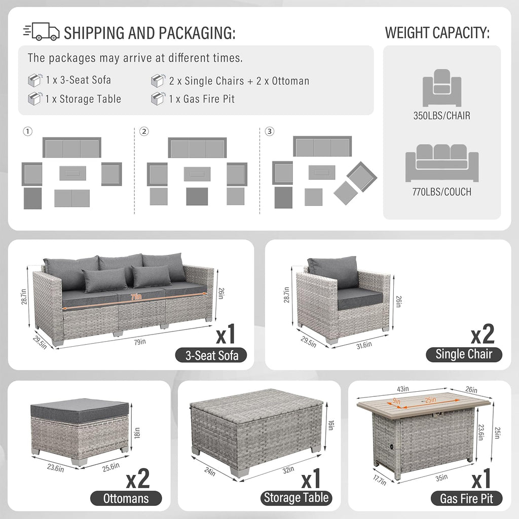 Patio Furniture Set 6 Piece PE Rattan Outdoor Conversation Sets Grey Wicker Couch Sectional Sofa with Fire Pit