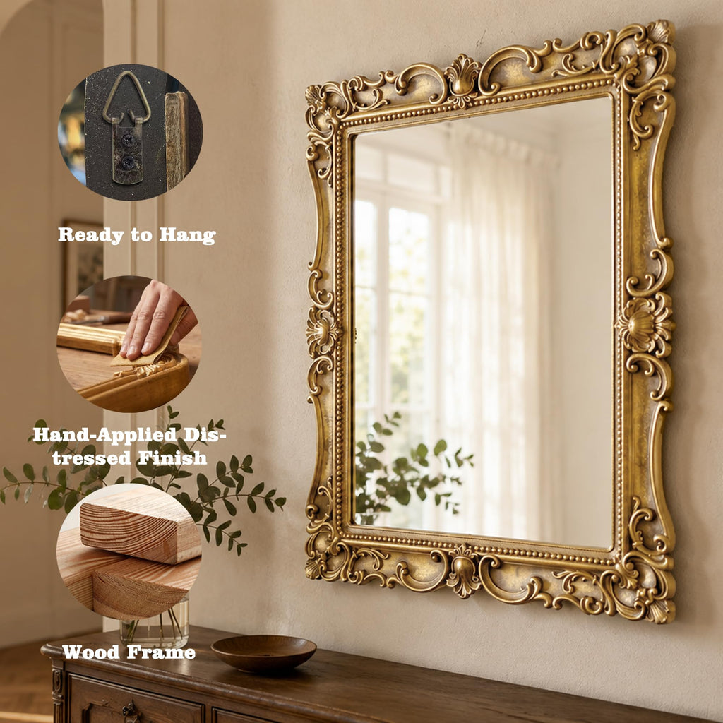 Vintage Rectangular Wall Mirror, Ornate Baroque Carved Wood Frame
