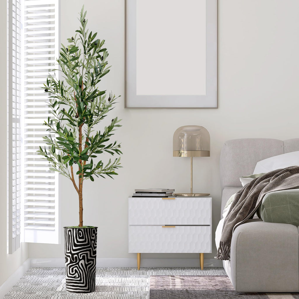 Artificial Tree in Modern Geometric Pattern Planter, Fake Olive Silk Tree for Indoor and Outdoor Home Decoration