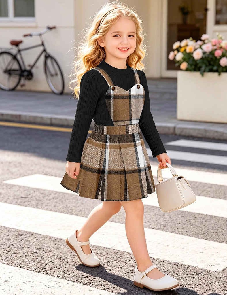 Toddler Girl Plaid Outfits Knit Ribbed Tops Heart Suspender Skirts