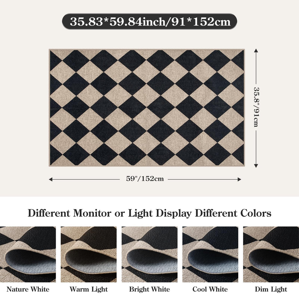 Checkered Easy Jute 3x5 Entryway Front Porch Rug, Black Diamond Indoor Outdoor Patio Layering Rug, Washable Farmhouse