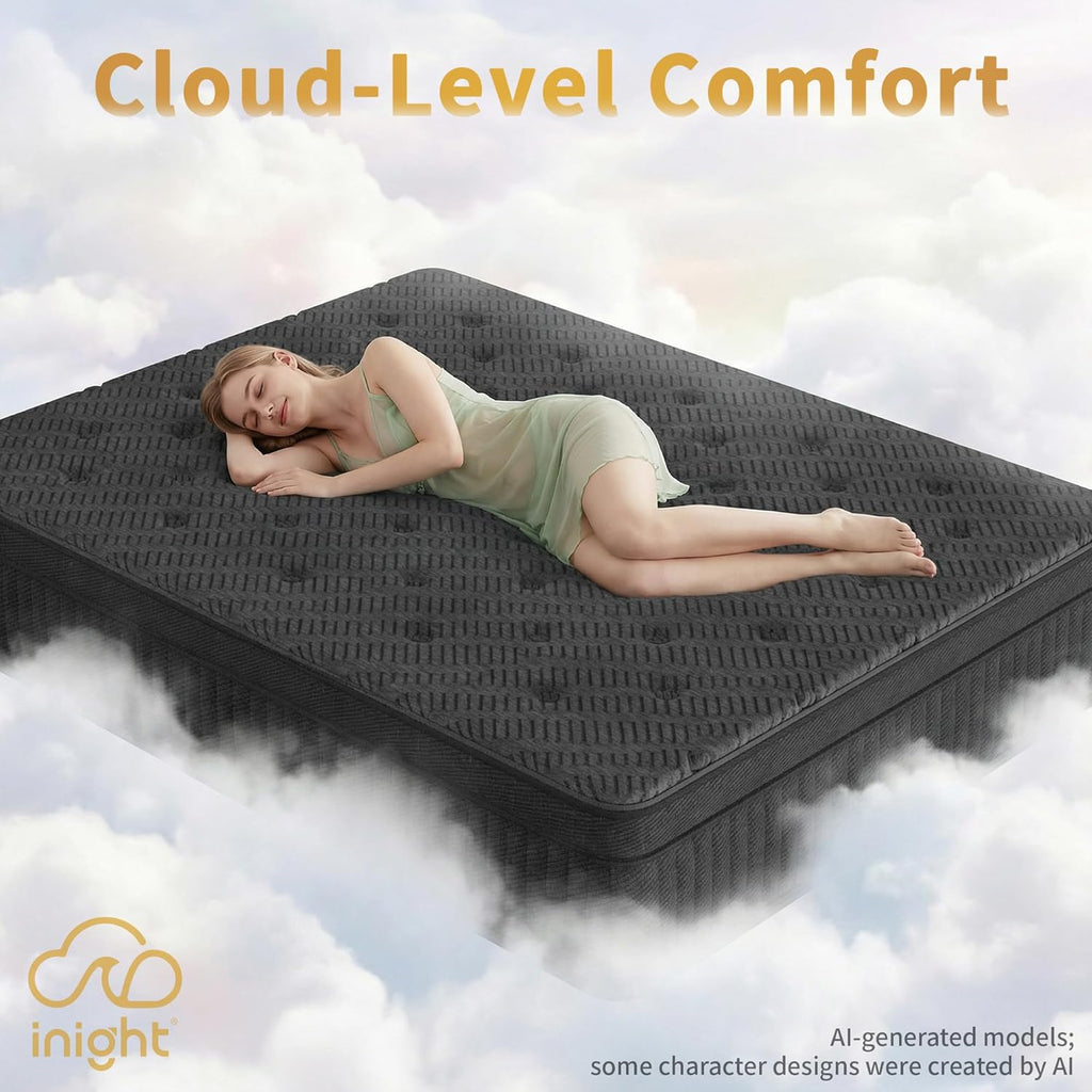 King Size Mattress, 12 Inch Cooling Hybrid, Medium Firm Pocket Coil | Bamboo charcoal foam and Euro top add