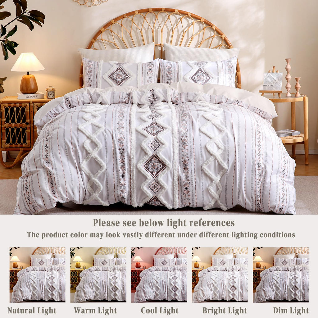 Light Brown 100% Cotton Boho Duvet Cover Set Queen Size, 3-Piece Tufted Textured Modern Boho Moroccan Bedding, Aztec