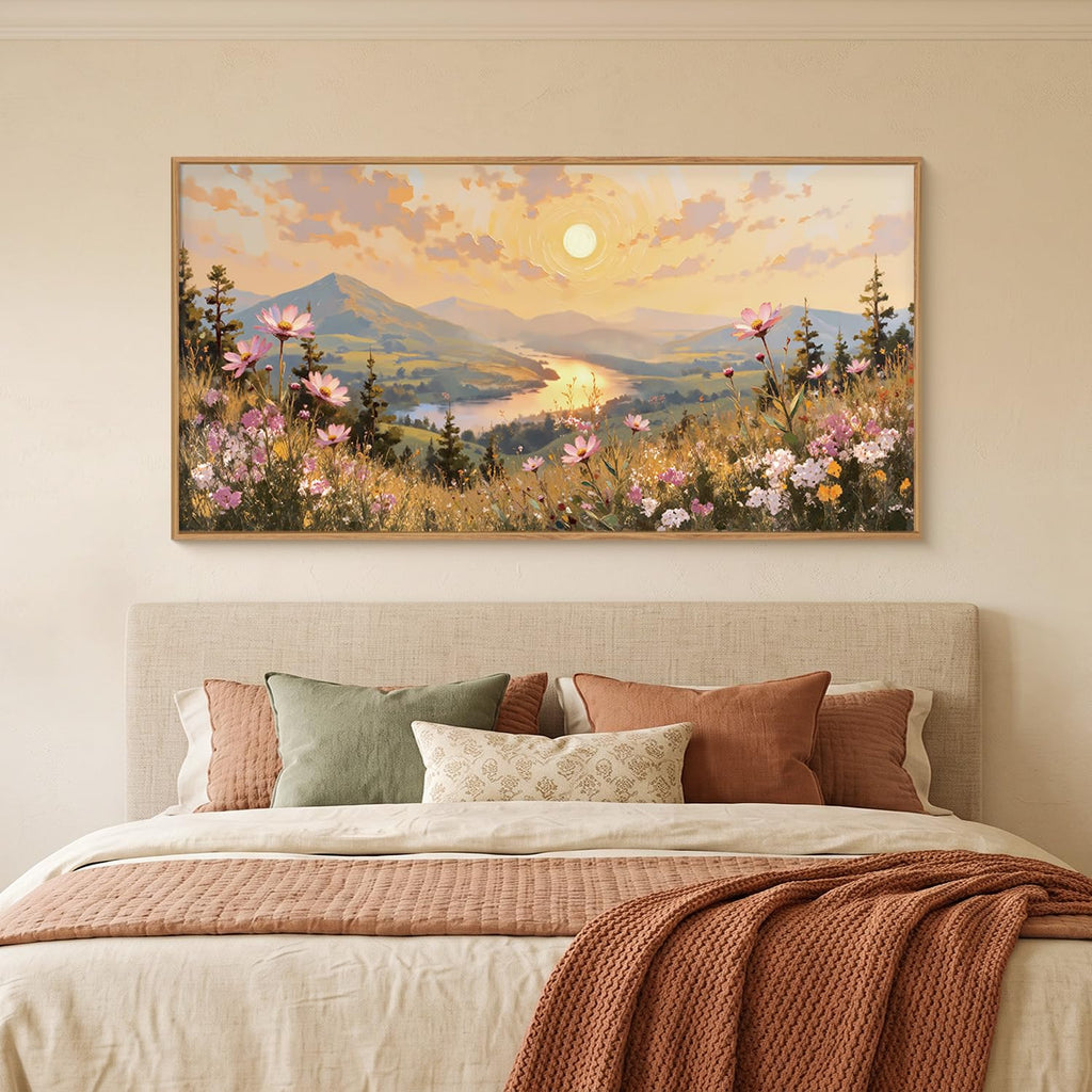 Large Boho Sunset Wildflower Framed Canvas Wall Art, Nature Pink Flower Wall Decor, Blossom Botanical Mountain