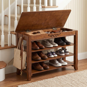 Shoe Rack Bench with Lift-Top Storage, 3-Tier Shoe Storage Bench with Wooden Seat, 550lbs Heavy Duty Entryway Bench