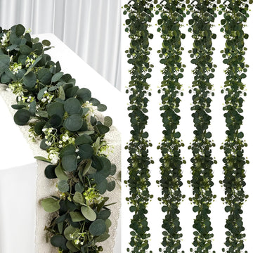 Eucalyptus Garland, 6FT Green Flower Garland Decor, Artificial Faux Eucalyptus Leaves Greenery Vines for Table - Set of 4