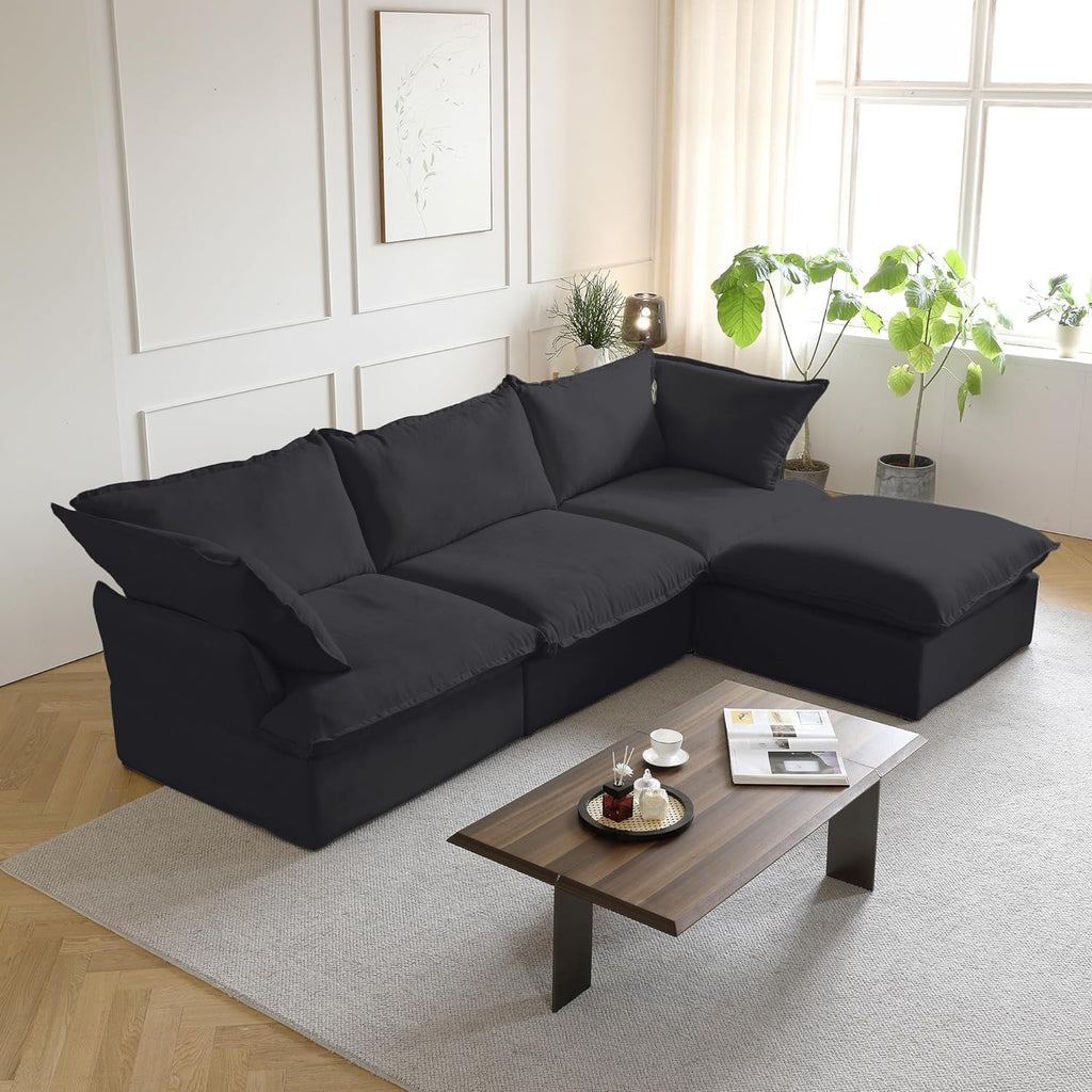 L Shape Sectional Couches, Sectional Sofa with Chaise Ottoman, Deep 3-Seats Modular Sectional Sofa, Cushion Covers Removable, Two Corners and A Middle Sofa for Living Room, Black A124-B0D17T182D