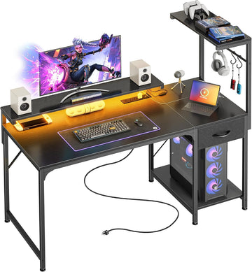 47.2 Inch Gaming Desk with LED Lights & Power Outlets | Computer Desk with Drawer & Storage Shelves, Office Writing